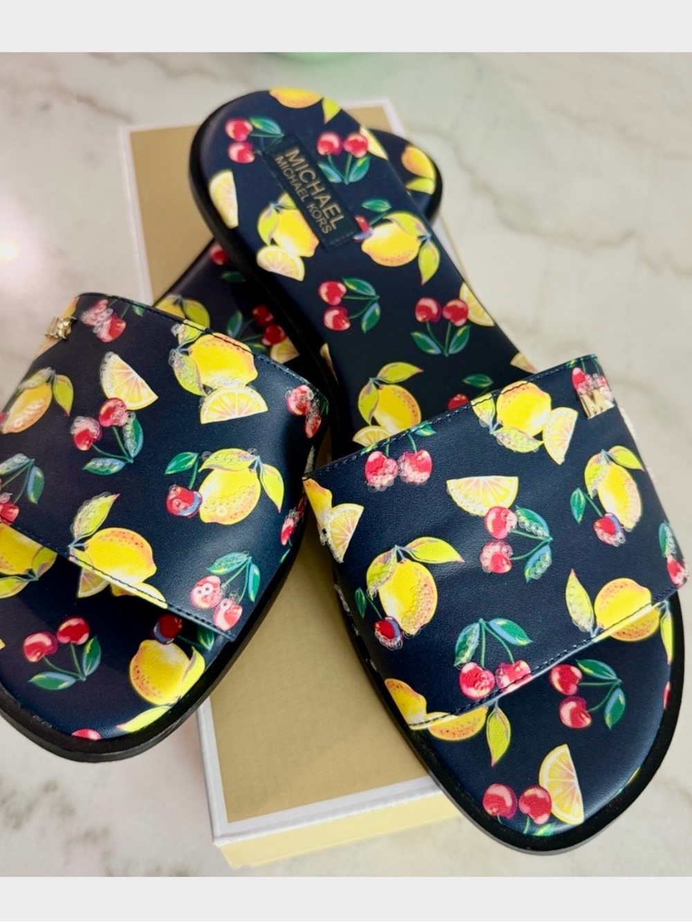 MICHAEL Michael Kors Navy Slide Sandals with Yellow Lemon & Red Cherry Print 9